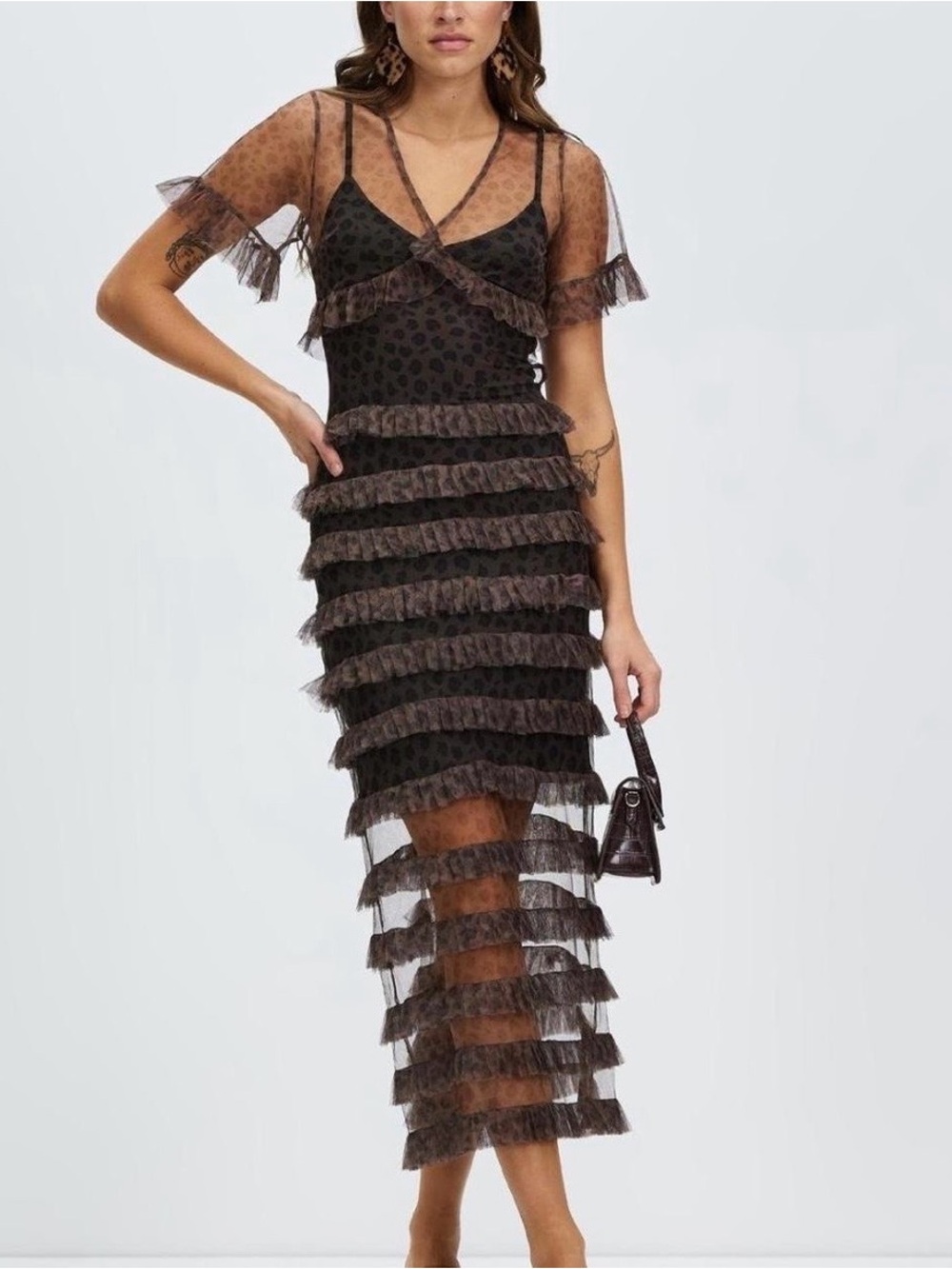 BONHEUR D'AMOUR. NEVER FULLY DRESSED TIERED RUFFLE MIDAXI DRESS IN LEOPARD PRINT